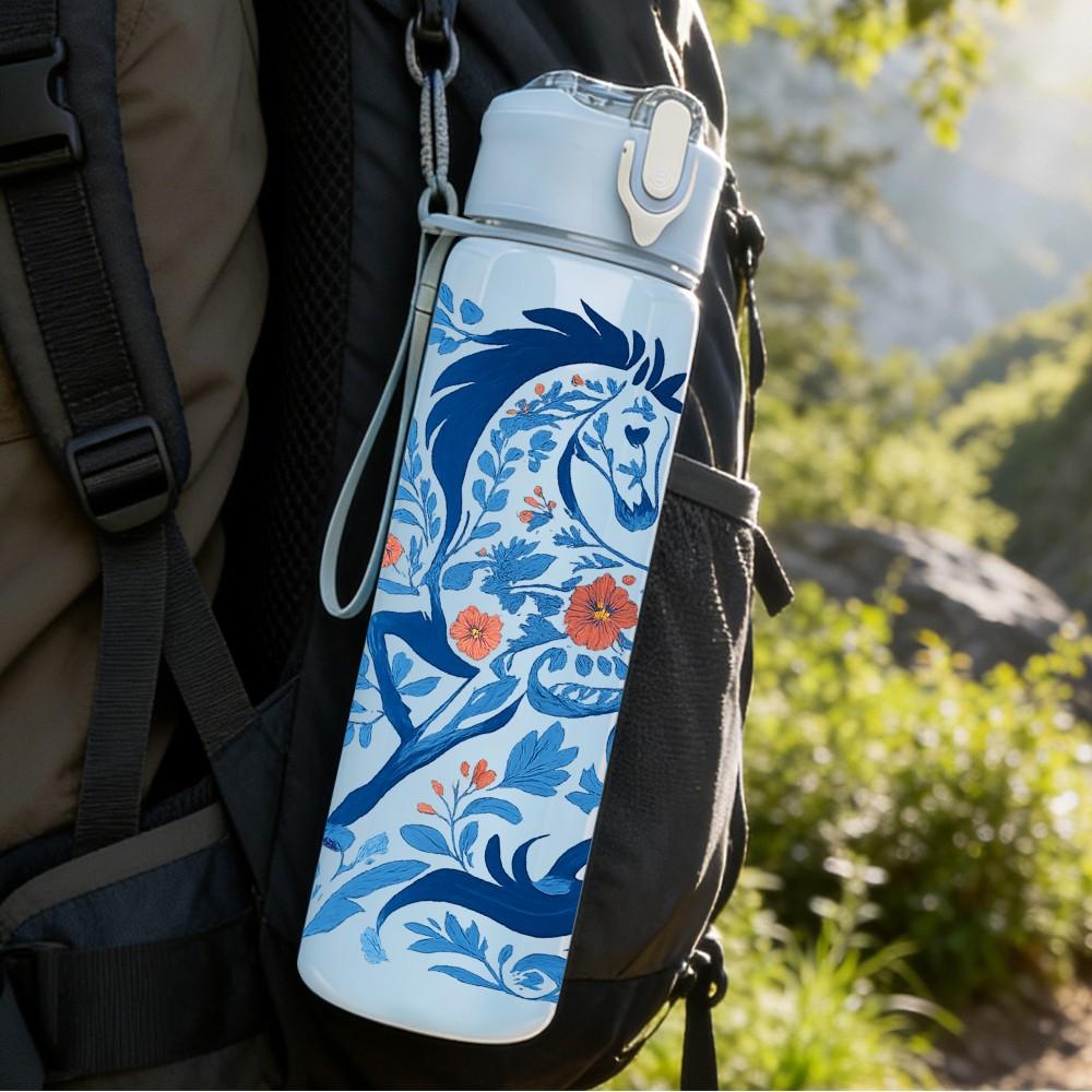 1PC Blue Dragon Traditional Art 750ml Color Plastic Sports Water Bottle Leakproof Flip Straw Lid Suitable for Sports Office Home Use
