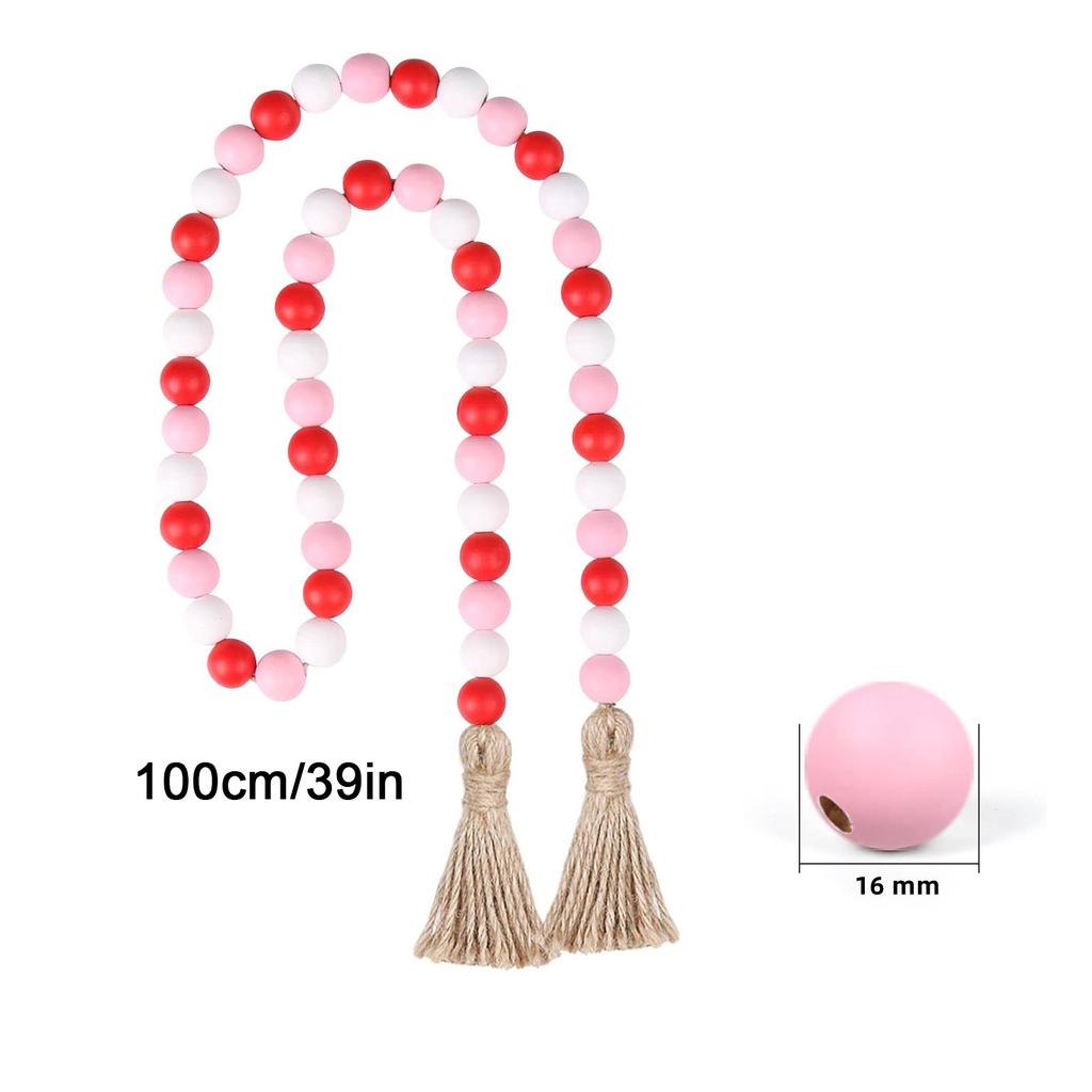 Valentine 100cm Wooden Bead Garland Romantic Red Pink Decorative String Festive Hemp Tassel Holiday Farmhouse Tabletop Accent