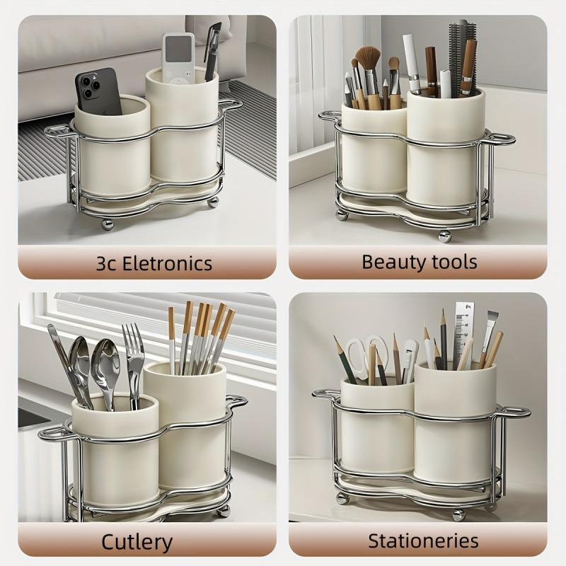 1 silverware utensil holder with metal frame and 2 compartments for kitchen and countertops