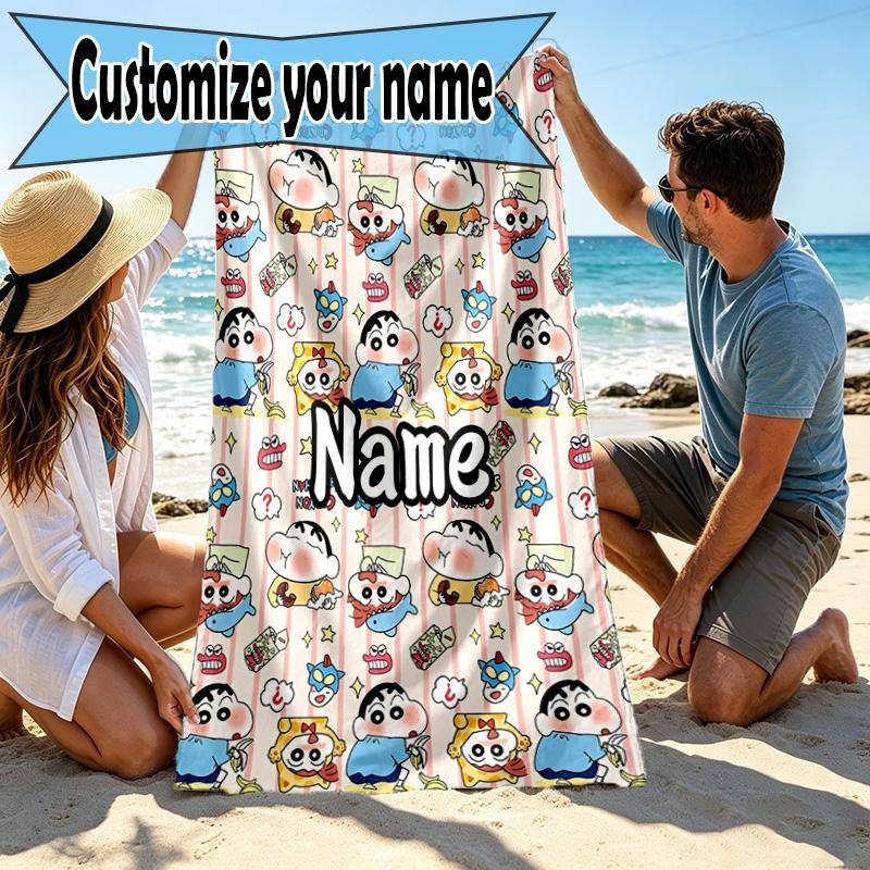Custom Name Personalized Crayon Shin Print Beach Towel, for Trip Camping Beach Party Home Decor, Birthday Gift for Family & Friends