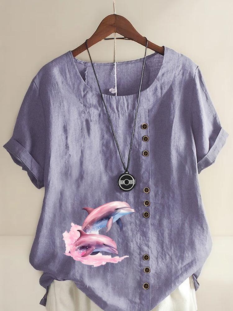 Women's Fashion Couple Dolphin Print Round Neck Short Sleeve T-shirt Summer Casual Cotton Linen Graphic Shirt Leisure Loose Blouse Tops