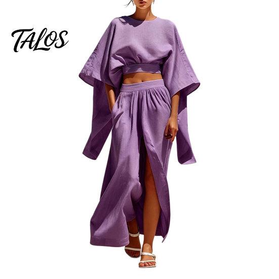 Women Relaxed Fit Suit Summer 2 Piece Outfits, Batwing Half Sleeve Crop Top Breathable Clothing And High Slit Maxi Skirt Travel Vacation Matching Sets