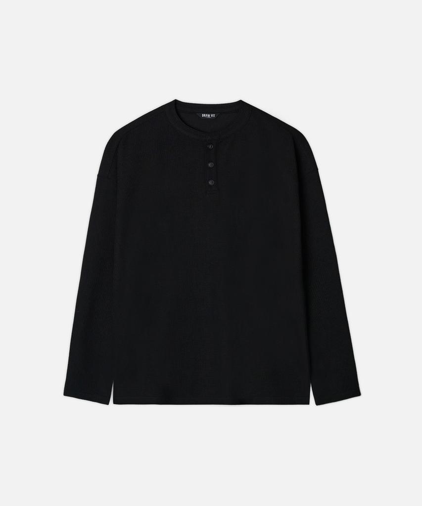 DRAW FIT Cotton Waffle Henley Neck T-Shirt [Black]