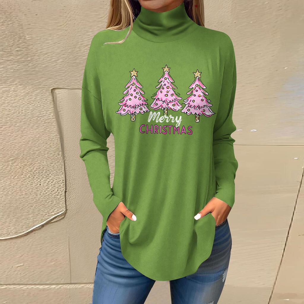 Women's Fashionable Loose-Fit High-Neck T-Shirt With Christmas Print Long-Sleeved Top