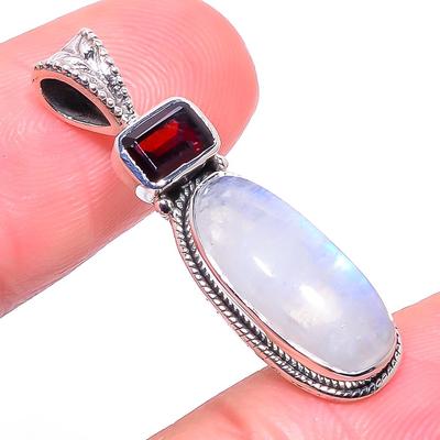 Natural Rainbow Moonstone, Garnet 925 Solid Sterling Silver Pendant 1.38" Z8i69