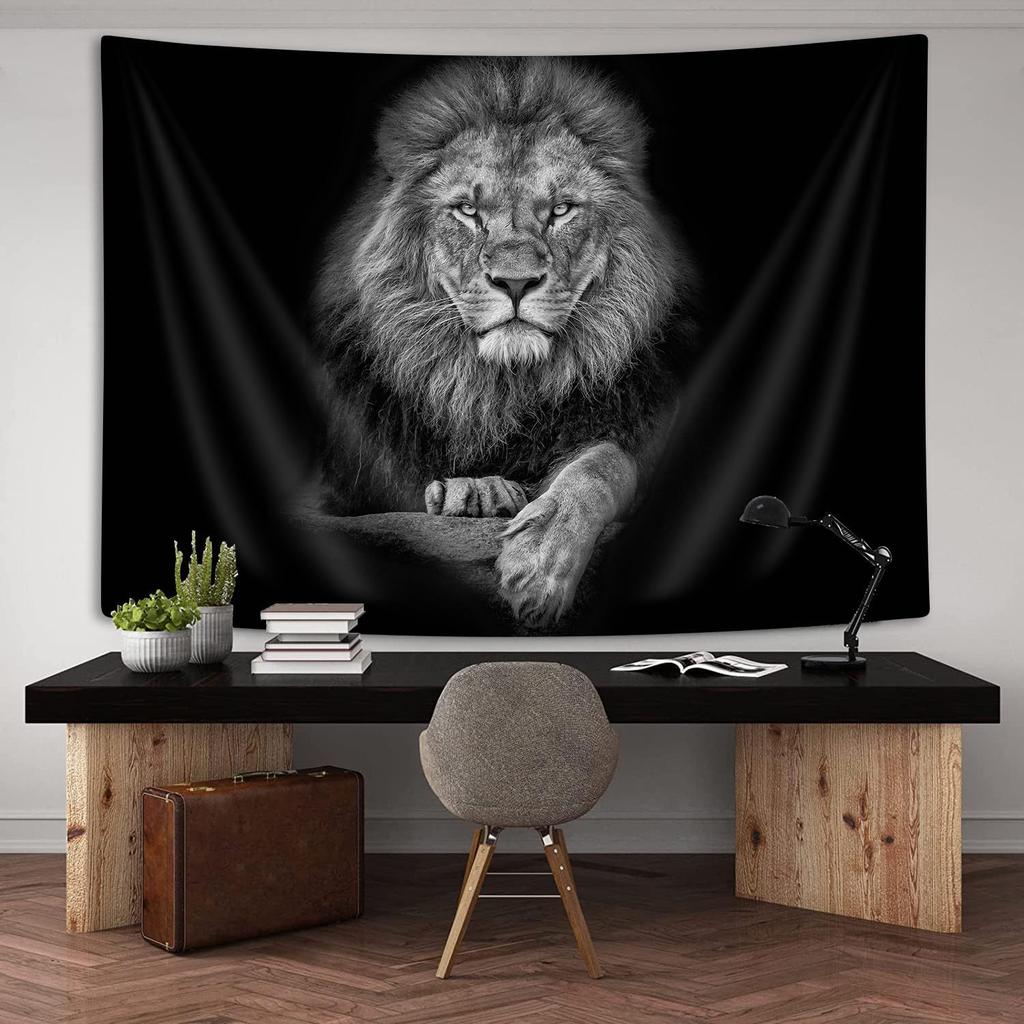 Black And White Lion Wall Tapestry, Majestic Animal Portrait Art, Bold Home Decor For Living Room & Man Cave
