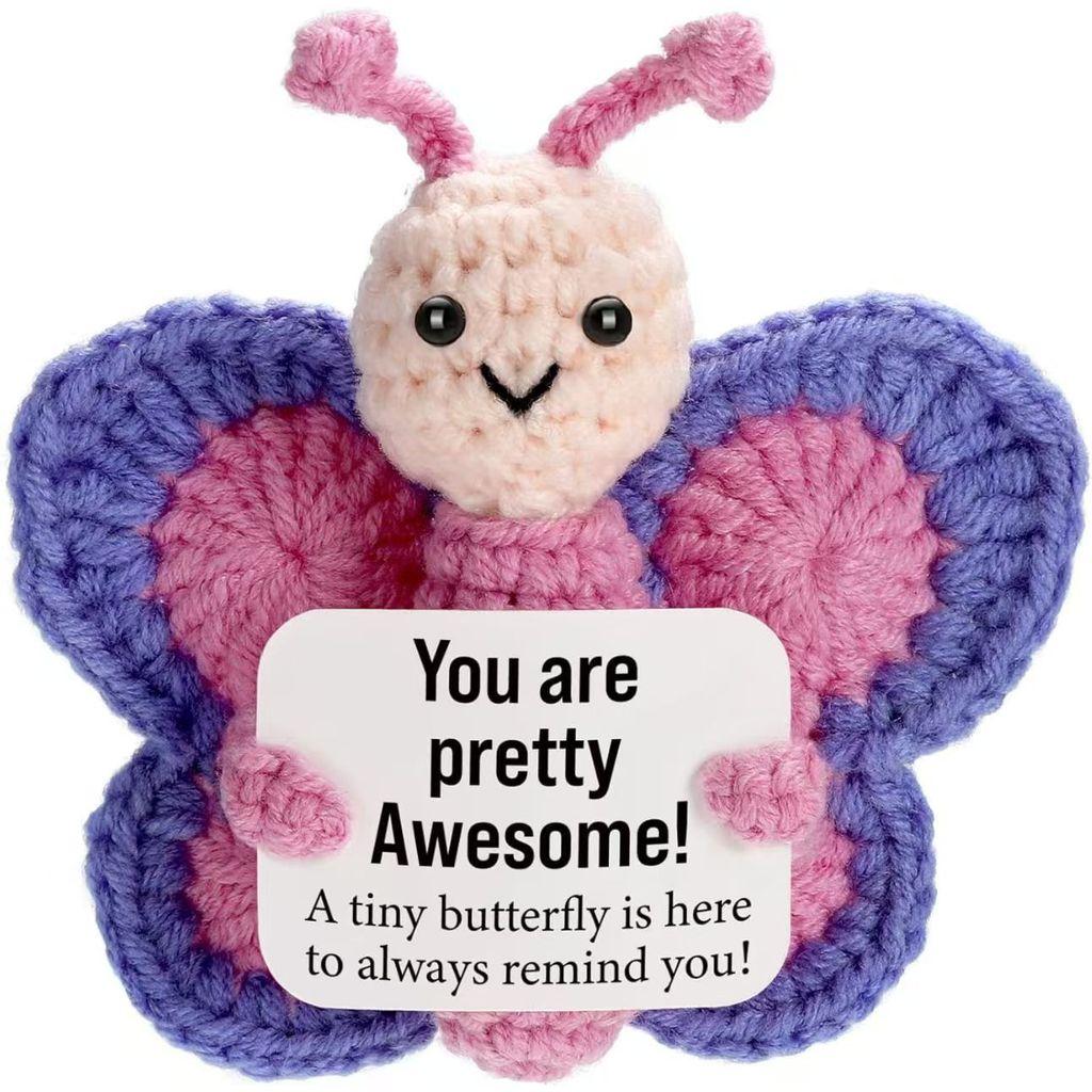 Pink Butterfly Positive Crochet Animals Doll With Card Desktop Ornament Emotional Support Handmade Knitted Cheer Up Toy