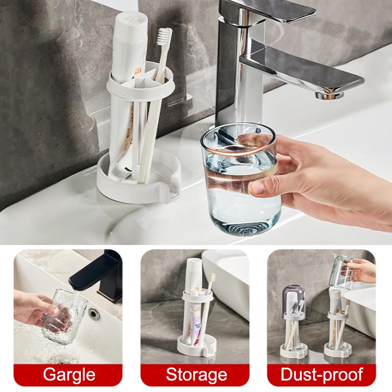 3-In-1 Toothbrush Holder Toothpaste Mouthwash Cup Organizer Dry And Dustproof Cleaning Tool Storage Rack Household Bathroom