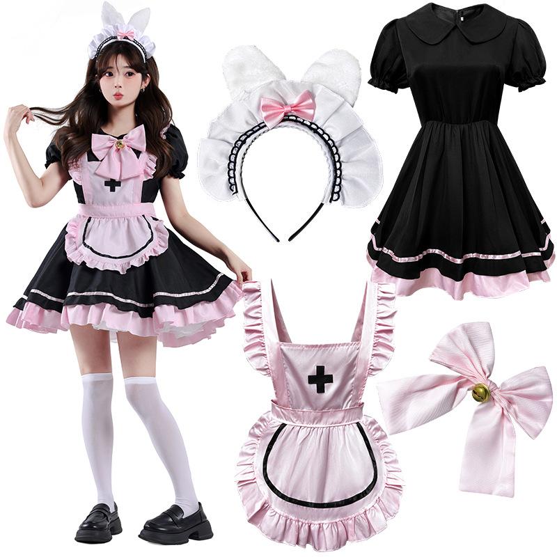 New black pink maid cos sweet girl cute cat bow soft girl dress XL