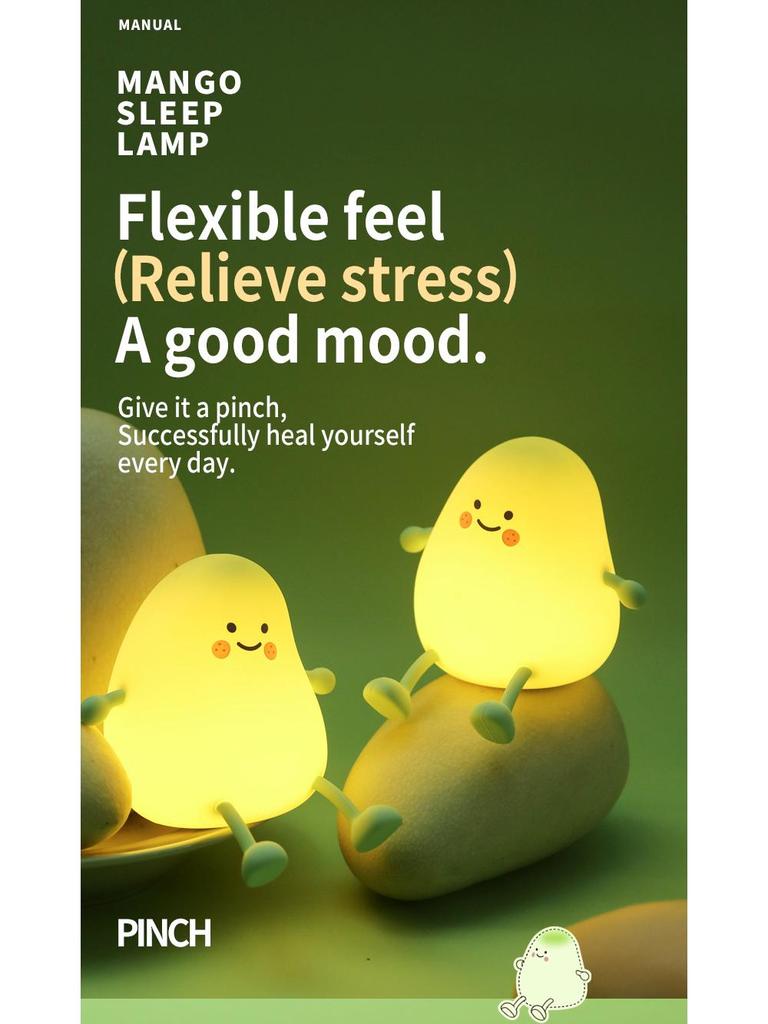 Mała zielona lampka LED z silikonu w kształcie mango: Ładowanie USB, Timer, Ściemnianie dotykowe, Miękkie światło do karmienia dziecka i ochrony oczu.