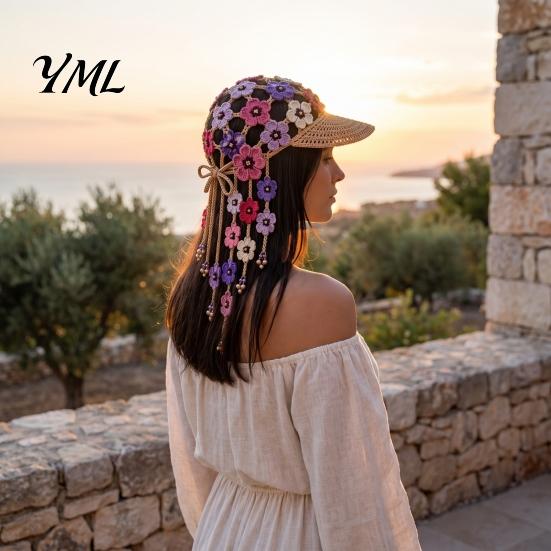 Travel Vacation Headwear Hand Crocheted Sunflower Baseball Cap, Bohemian Tassel Bell Hat, Handmade Knit Cutout Floral Unique Sun Hat Beanie