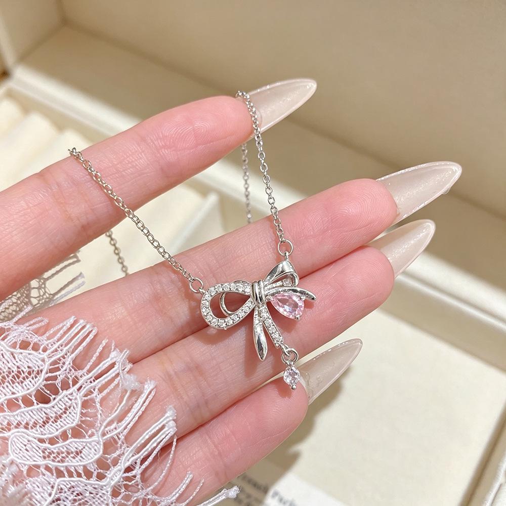 French Fairy Bow Tassel Necklace with Pink Zircon Clavicle Chain - Fashionable Light Luxury Qixi Gift
