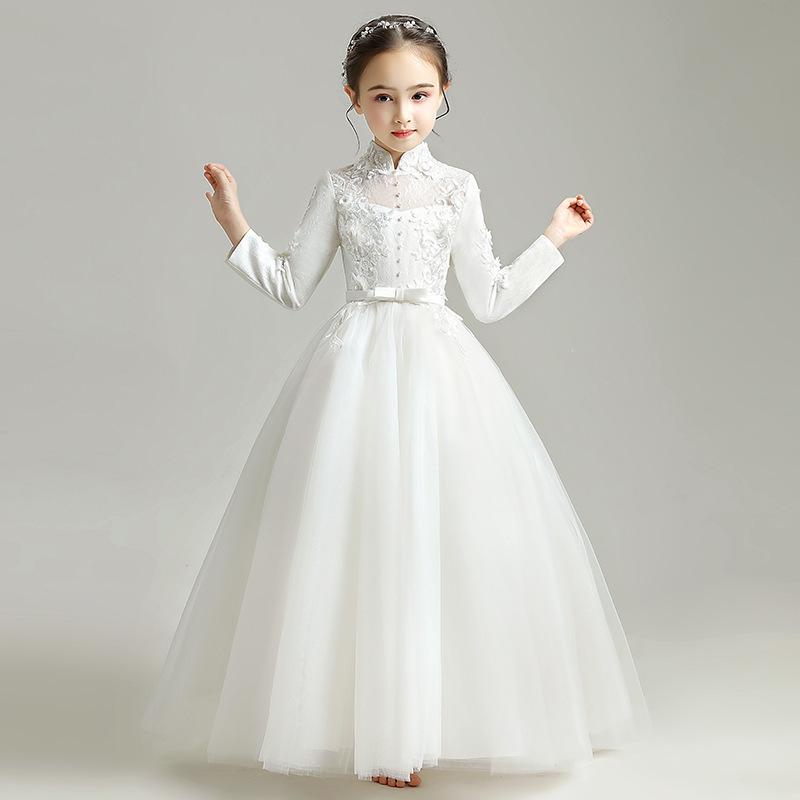 Children's High-End White Sequin Princess Dress - Short Front, Long Back, Perfect for Piano Performances, Weddings, and Autumn Flower Girl Events