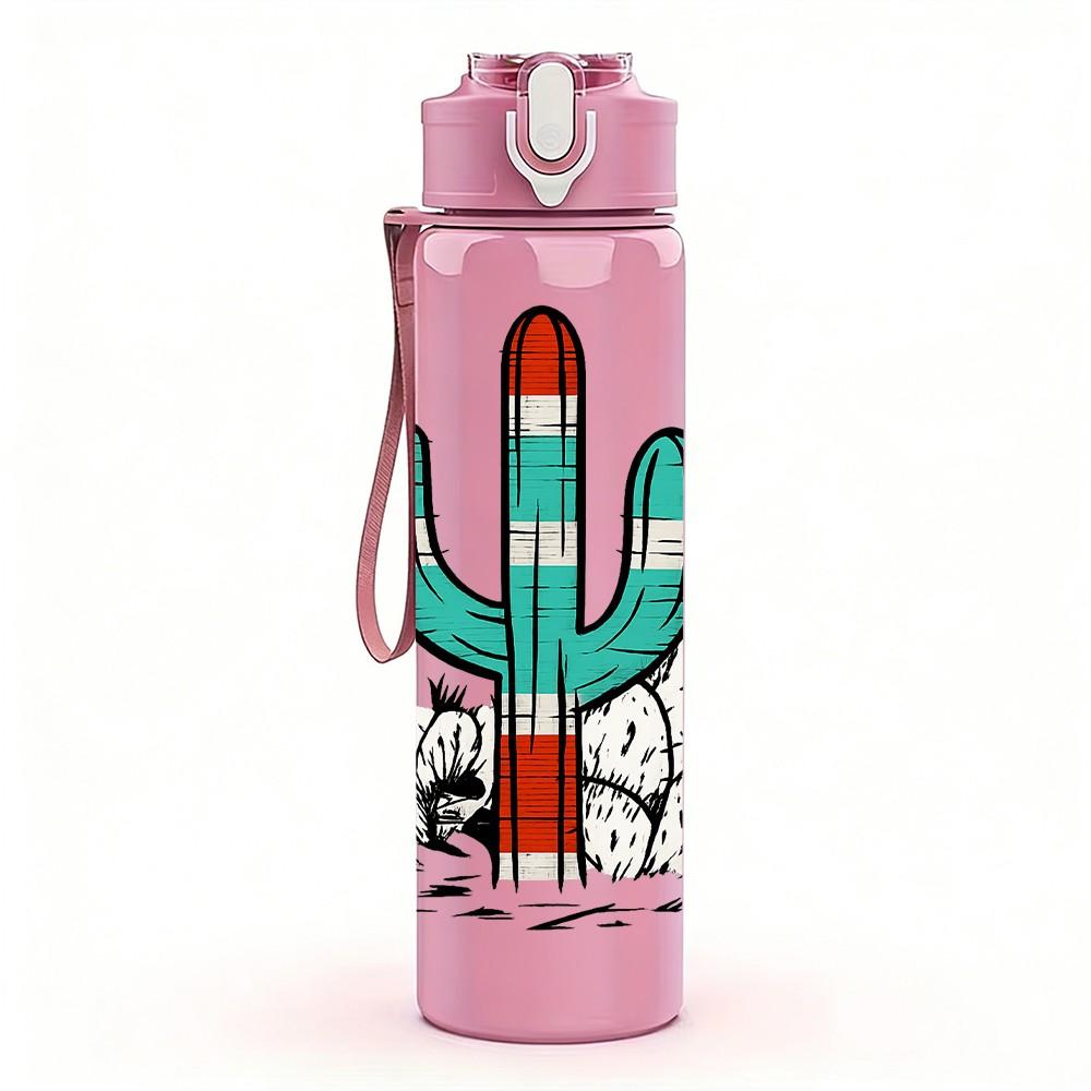 1PC Desert Cactus Scene Pattern 750ml Color Plastic Sports Water Bottle Leakproof Flip Straw Lid Suitable for Sports Office Home Use