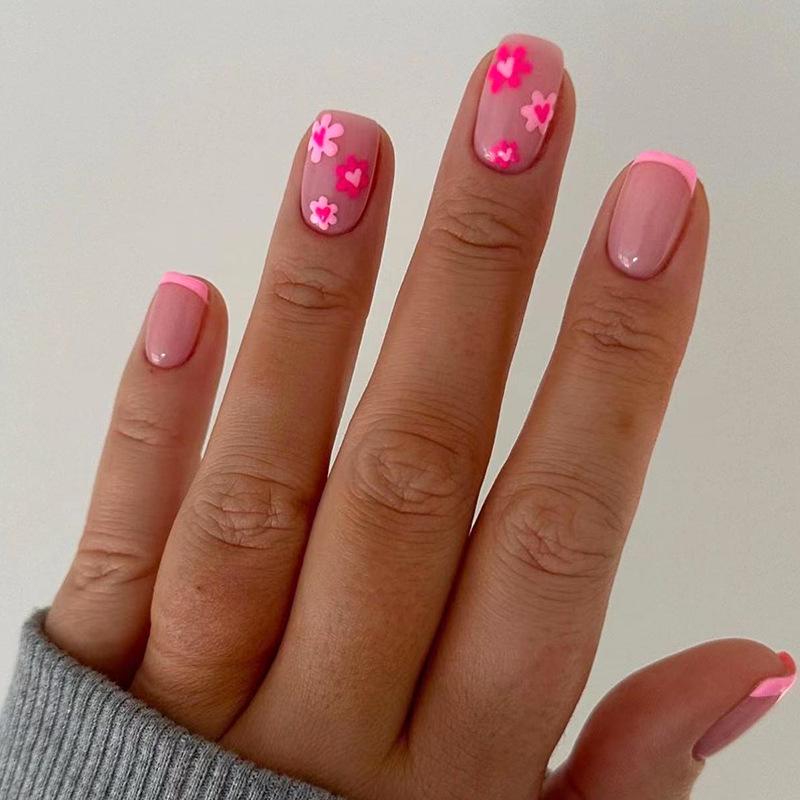 24Pcs Pink Flower Square Fake Nails With Glue Cute White Artificial Press On Acrylic Nails Wearable False Nails