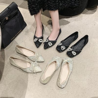Kadın Moda Düz Tek Ayakkabı Kadın Sonbahar Kare Burunlu Ayakkabılar Düz Loafer'lar Kristal Parıltılı Yumuşak Tabanlı Bayan Ayakkabıları Büyük Beden
