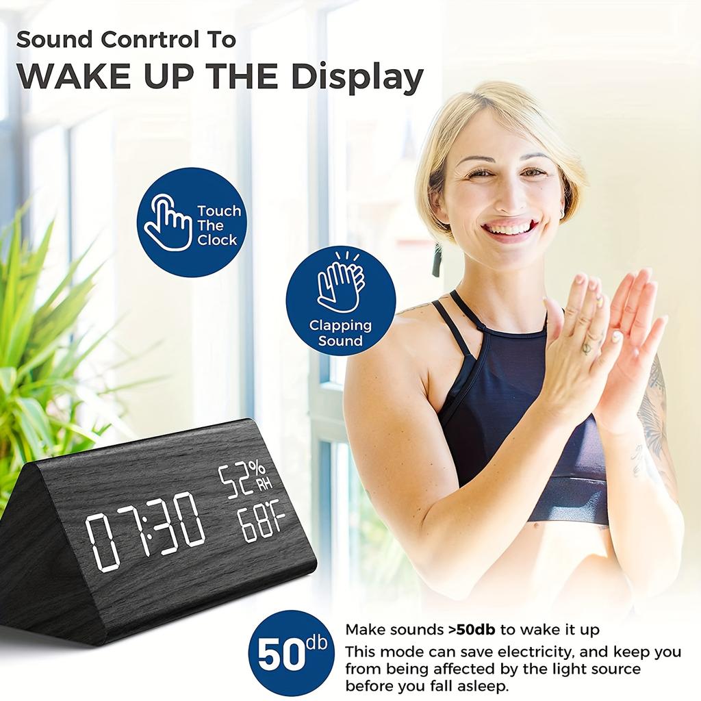 1PC Wood Grain Triangle Alarm Clock LED Bedside Alarm Clock, with Temperature and Humidity Display, Adjustable Brightness