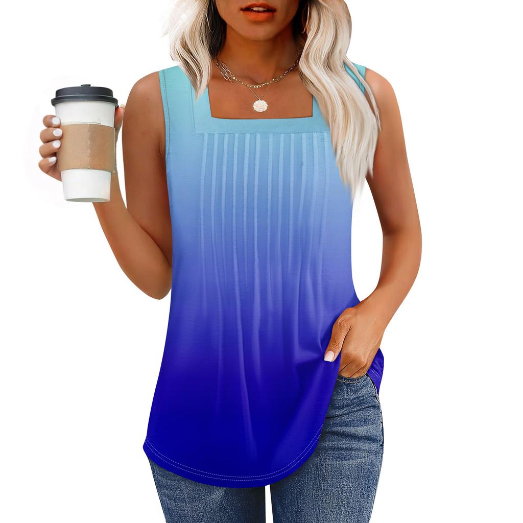 Tanktopp for kvinner Sommerantrekk Ermeløse Trykte Bluser Casual Løse Skjorter Plissert Firkantet Hals