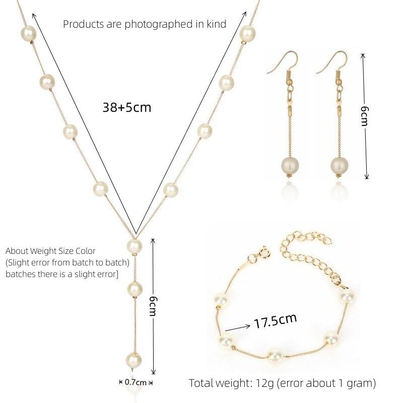 4pcs Gold-color Necklace Earring Bracelet Set Ladies Elegant Imitation-Pearls Collection Temperament Tassel Jewelry