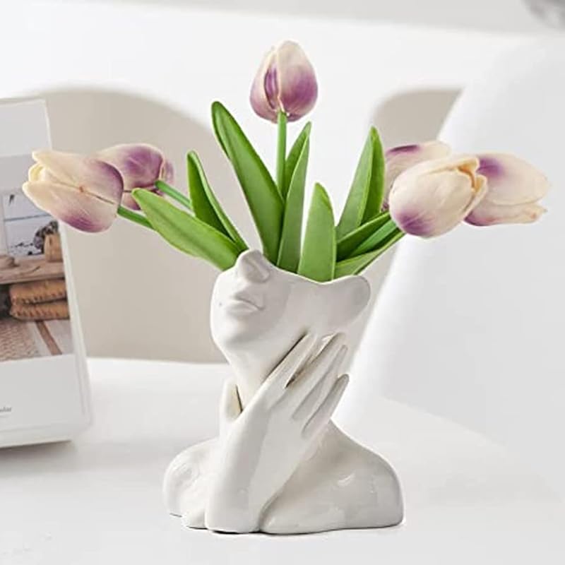 White Ceramic Face Vase, Female Form Head Half Body Bust Vases Boho Feminist Minimalism Decorative Modern Nordic Style Flower Vase for Home Living