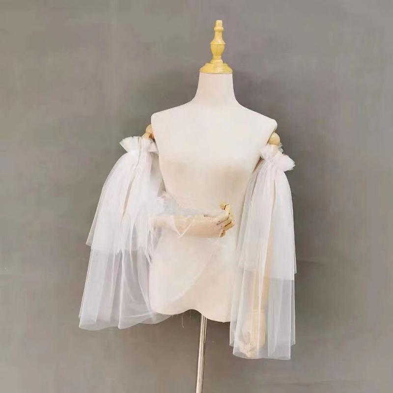 Bride Wedding Gloves Gauze Summer Fairy Sweet Long Removable Puff Sleeves White Tulle Party Dress Accessory