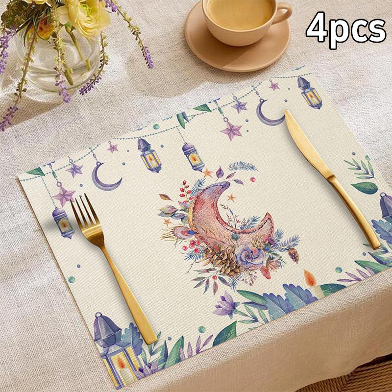 Islamic Style Moon Architecture Linen Table Mat Middle East Ramadan Rectangular Heat-resistant Placemat Accessories Cute Gifts