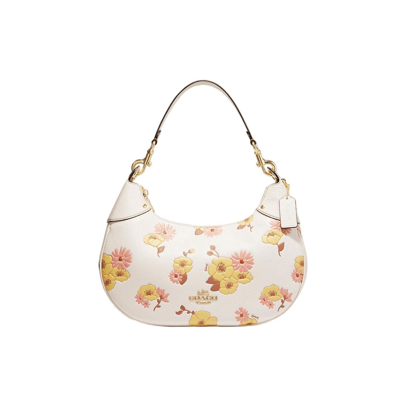 Coach Women's Gold/White Hobo 34 Letter Logo Plaque Floral Cluster Print Pebble Texture Zip Leather Bag Handbags Ci104-Imcah