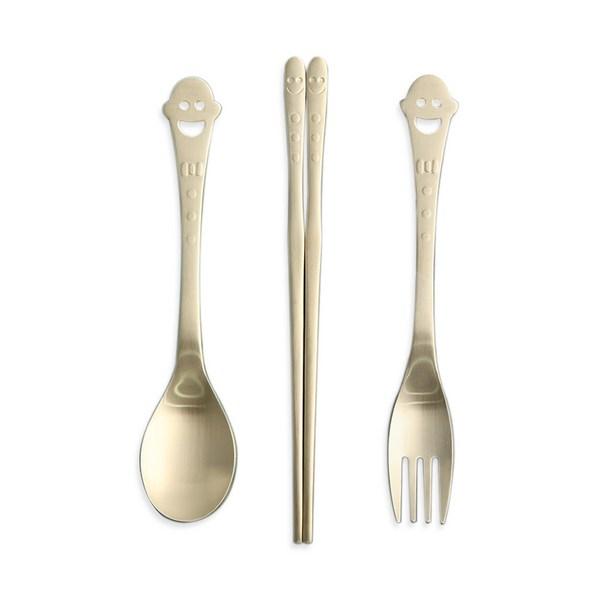 Inspoon Smile Children's Spoon Set of 3, Gold, 1 Spoon + 1 Fork + 1 Chopsticks