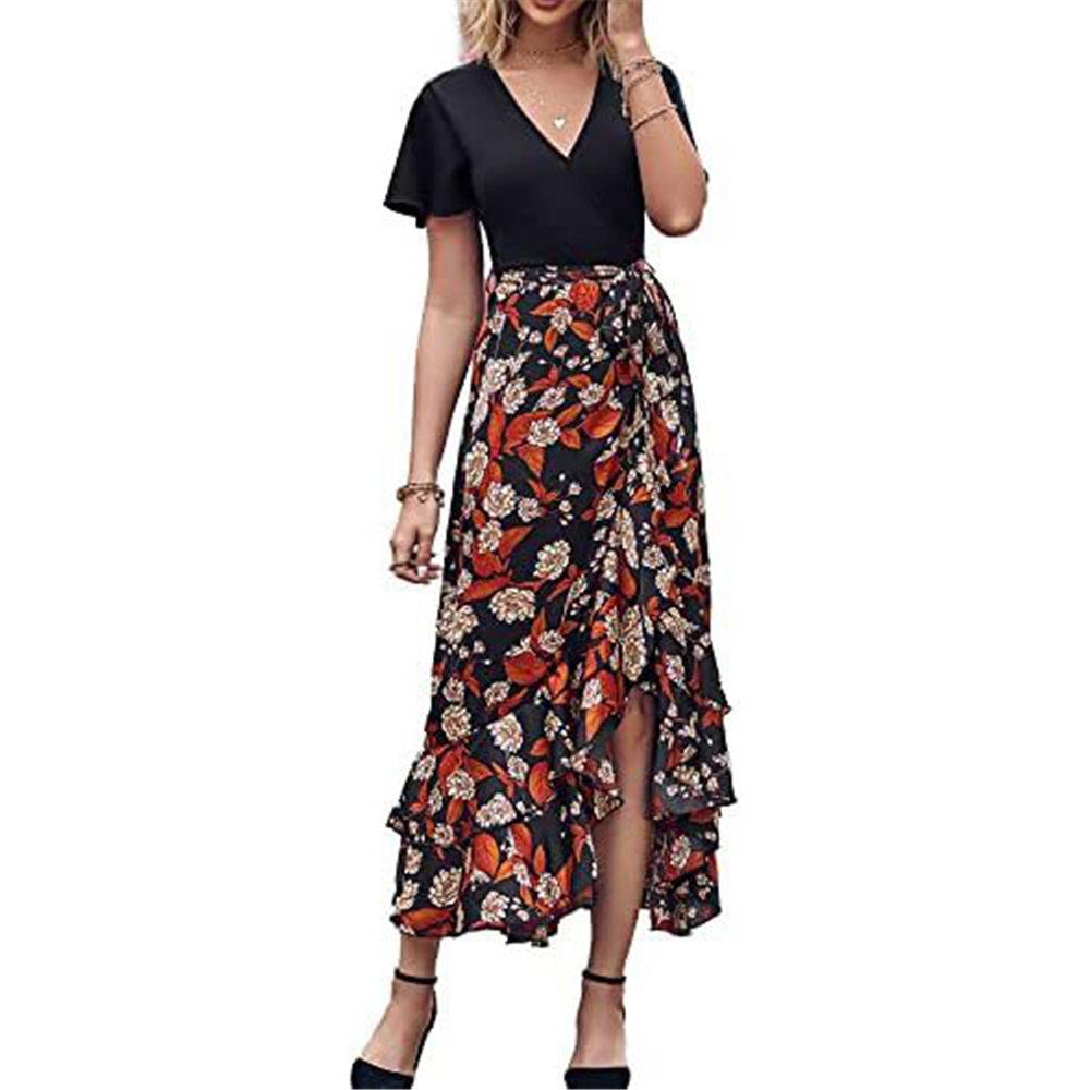

Жіночі літні довгі сукні з коротким рукавом і V-подібним вирізом у стилі бохо з квітковим принтом і зав’язкою на талії з високою та низькою коктейльною максі-сукнею з рюшами XXL
