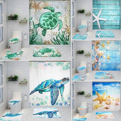 4Pcs Luxury Turtle and Starfish Shower Curtain Sets Waterproof  for Bathroom Non-Slip Bathroom Rugs Lid Toilet Cover Bath Mat Bathroom Set