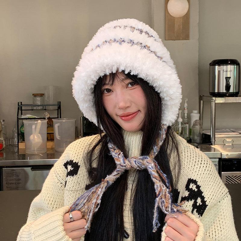 Autumn and Winter Plush Hat, Ear Protection, Headgear, Striped Color Matching Knitted Hat, Warm and Face-showing, Versatile Strap, Pullover Hat