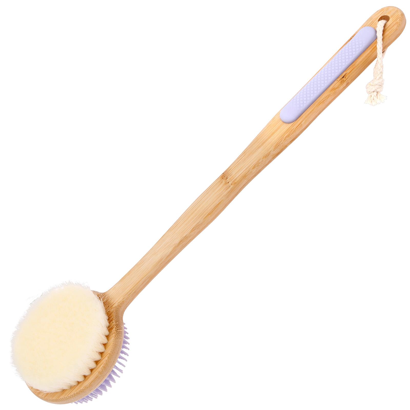 

Double Sided Shower Body Brush Silicone and Dense Bristle Massage Back Scrubber Deep Cleaning Exfoliation Bamboo Long Handle 1pc фіолетовий