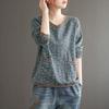 Frühling Herbst Übergröße Künstlerisch Vintage Floral V-Ausschnitt Langarm Leinen Locker Vielseitiger Pullover Top