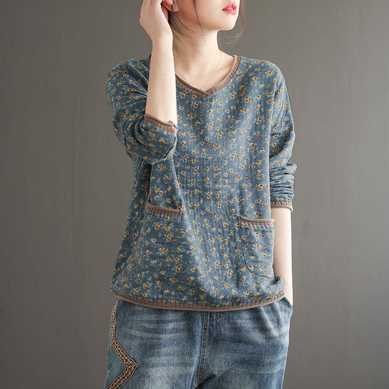 Frühling Herbst Übergröße Künstlerisch Vintage Floral V-Ausschnitt Langarm Leinen Locker Vielseitiger Pullover Top