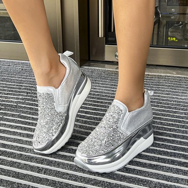 Women's Plus Size Platform Wedge Sneakers, Sequin Detail Casual Sport Shoes