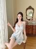 Ice silk suspender shorts pajamas women's summer sexy pure wind girl loungewear suit with chest pad silk pajamas