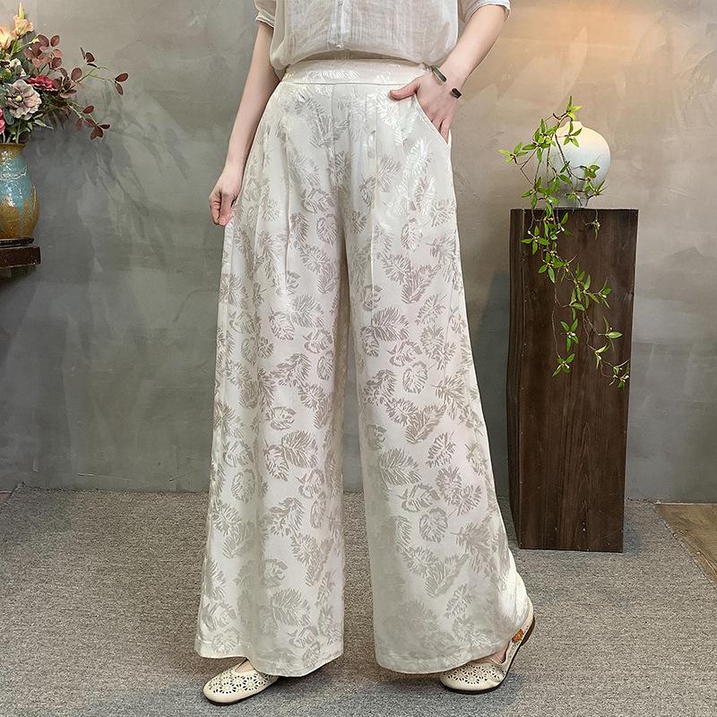 

2026 Women s Silk Satin Jacquard Long Pants with Drawstring Waist & Patch Pockets 4XL (135-145 lbs) білий
