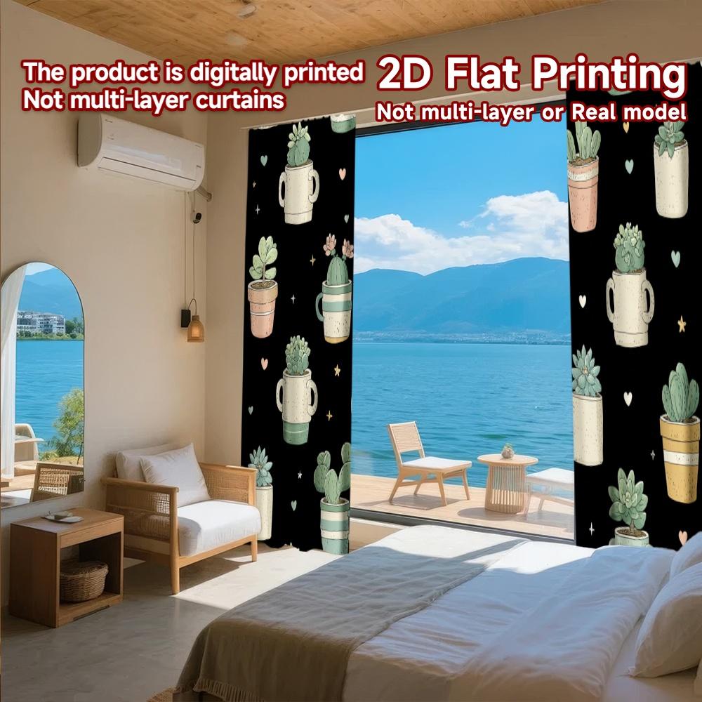 Set Of 2 Flat Printing Curtains Without Rod Green Plants Stars Ramadan Festival Chic Print Polyester Curtain Made