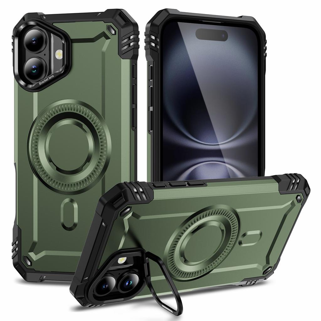 For iPhone 16 Case Compatible with MagSafe Metal Lens Frame Kickstand PC+TPU Mobile Cover