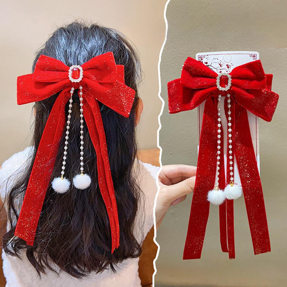 Headwear Red Bow Hair Clips Exquisite Tassels Pearl Barrettes Shiny Ribbon Hairpin  Girl