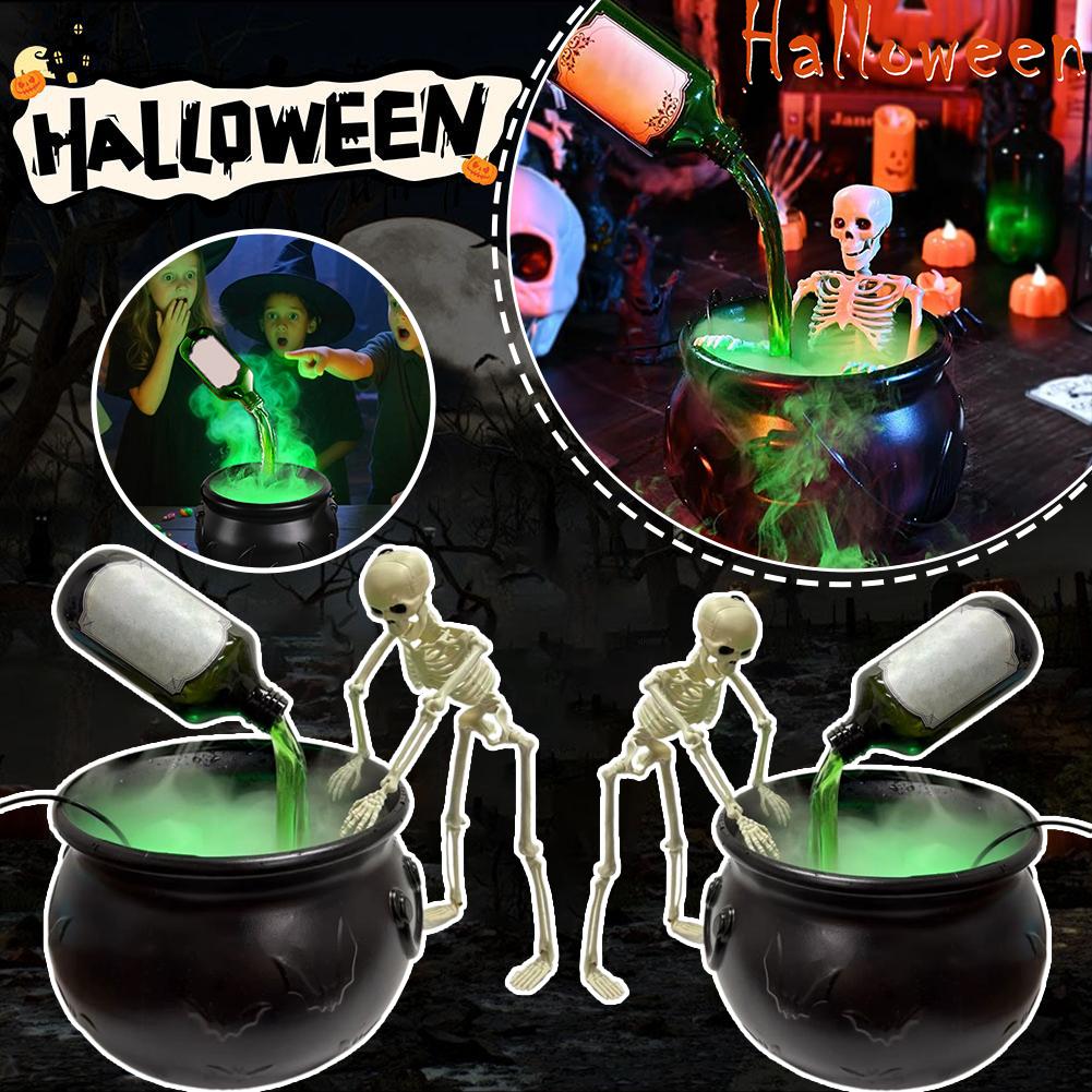 Spooky Witch Mist Maker Cauldron with Floating Bottle, Black Plastic Cauldron & Skeleton Halloween Decor LED Cauldron with Smoke