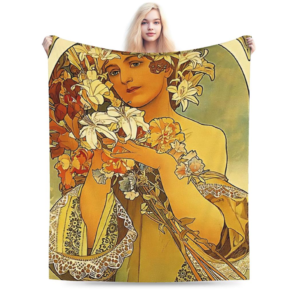 Language of Flowers Alphonse Mucha   Plush Blanket Students  Flannel Throw Blanket For Outdoor Soft Custom DIY Quality Bedspread