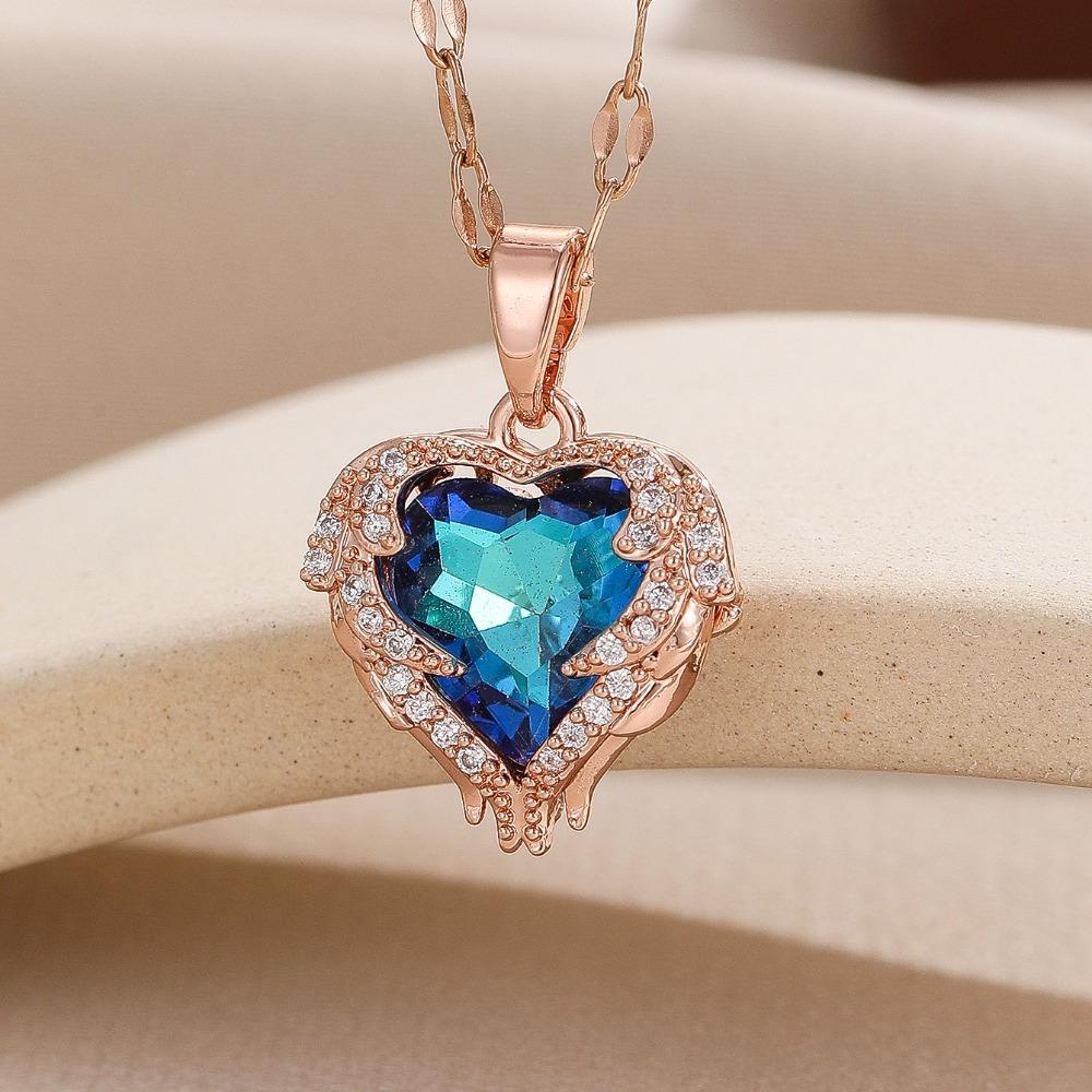 1 Stück Romantisches Paar Glasbesetzter Bronze Zirkon Ozean Herz Anhänger Kombination aus Titanstahlkette