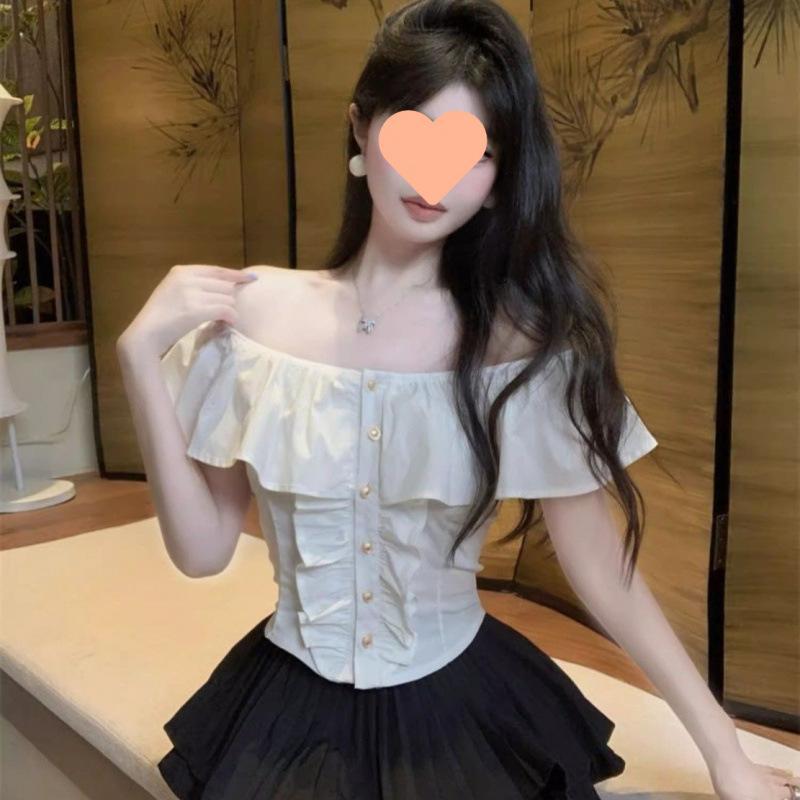 One-word Shoulder Ruffle Edge French Shirt Short-sleeved New Women's Summer Pure Desire Sweet Spice Girl Small Top Chic