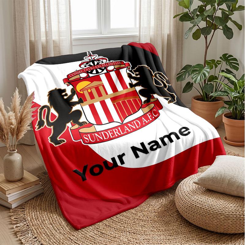 Sunderland FC Custom Name Text Flannel Blanket Soccer Logo Personalized Fleece Throw Blanket Special Gift For Sofa Bedroom Home