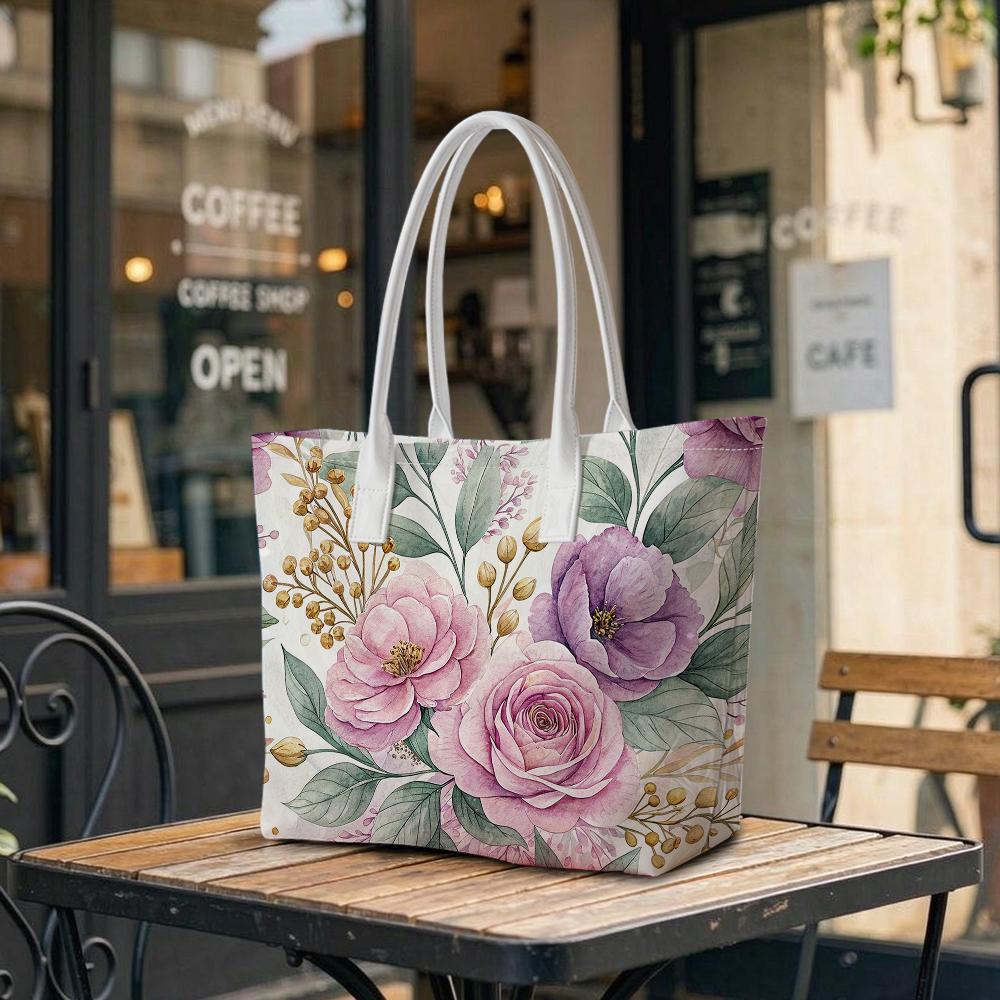 Elegant Watercolor Floral Print Large Tote Bag for Women Daily Use Shopping Travel Fashion Shoulder Handbag