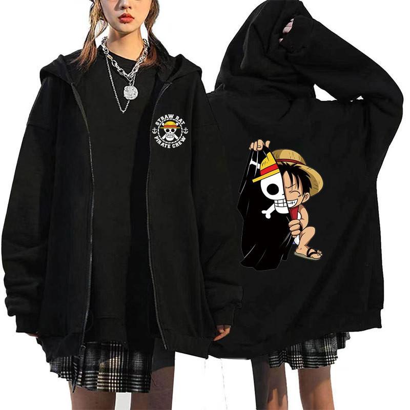 Mens Oversized Hooded Zip-Up Sweatshirt With One Piece Anime Print Plus Size Fleece-Lined Casual Jacket Fall
