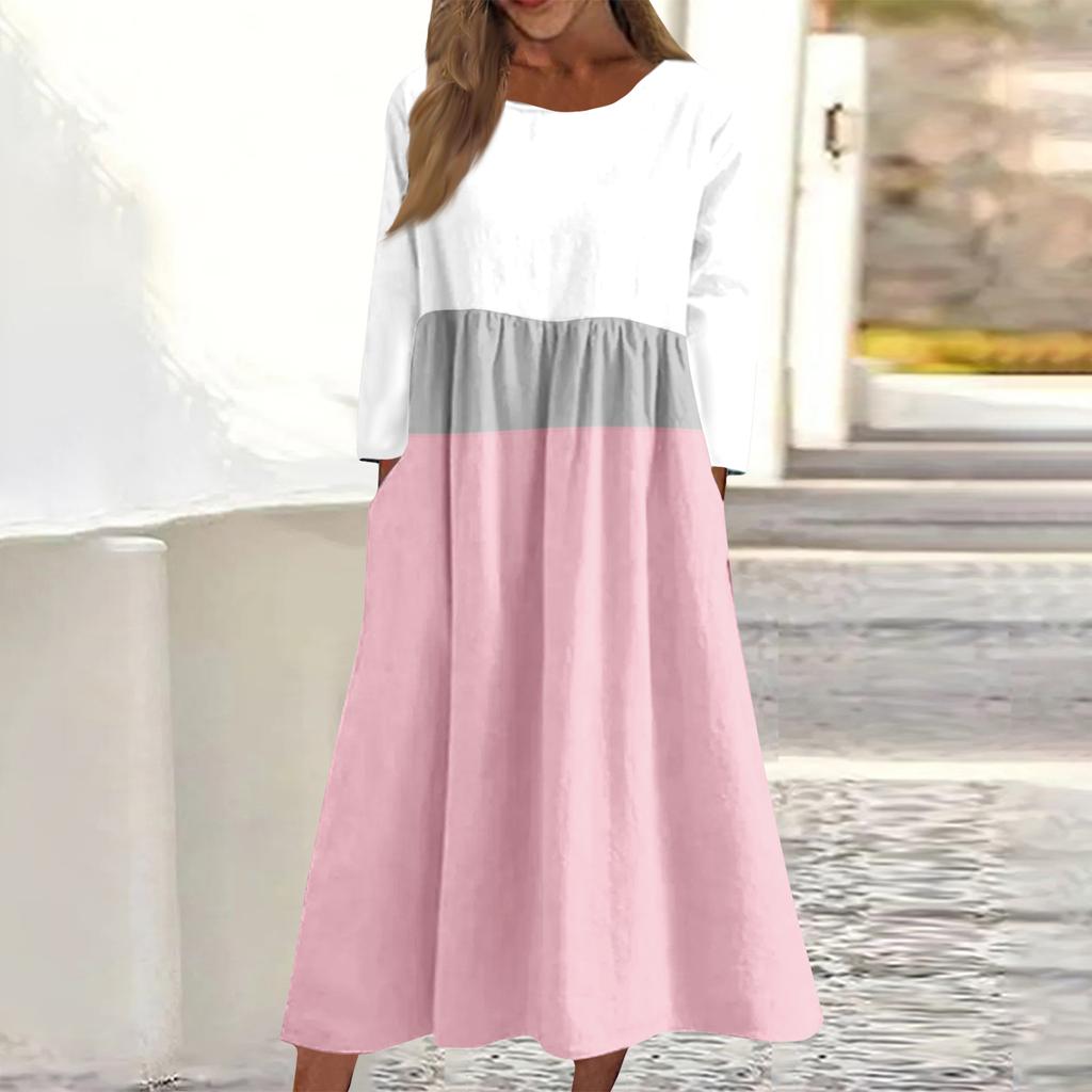 Dámské ležérní midi šaty s kulatým výstřihem a pruhovaným potiskem, s dlouhým rukávem a kapsou