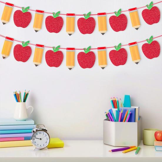 Blyant Frukt Banner for Skolestart Dekorasjon Ferdigtrådet Hengende Skilt Girlander for Lærerpåskjønnelse Første Skoledag Oppslagstavle Dekor