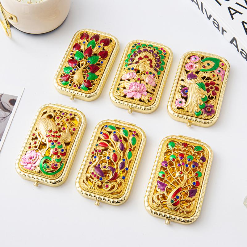 Foldable Retro Handheld Makeup Mirror Peacock Printed Compact Pocket Mirror Double Sided Rectangular Makeup Dressing Mirror